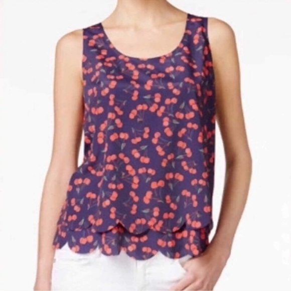 Maison Jules Sleeveless Women’s Cherry layered scalloped hem top Navy medium - Picture 1 of 12